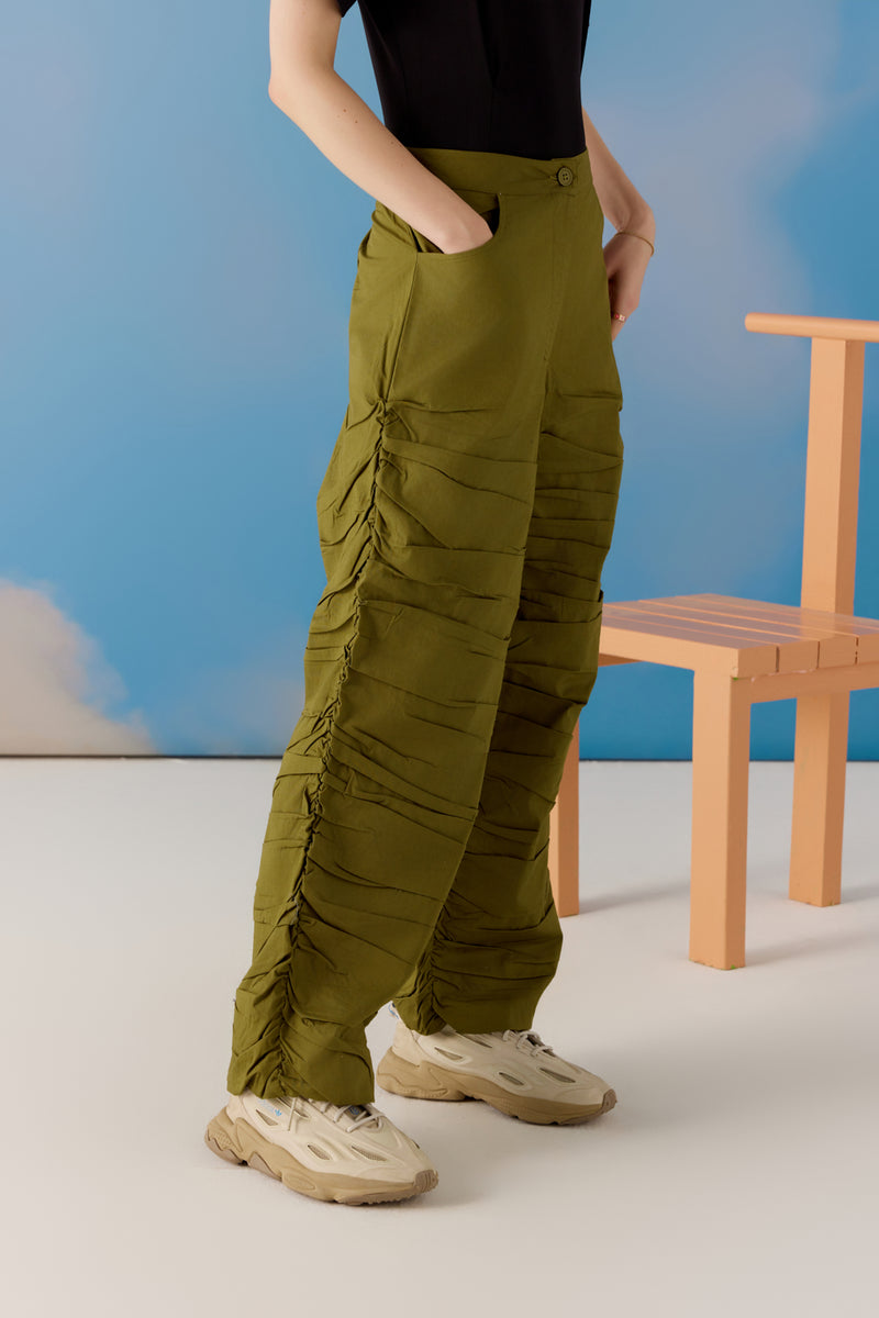 Quirky Ruched Pants - Olive Green