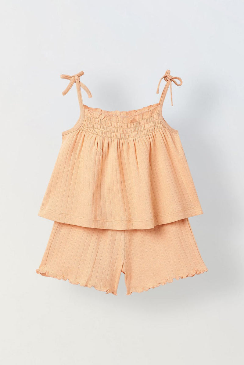 Spunkies Girls Peach Smocked Shoulder Straps Sleeveless Top and Shorts Set