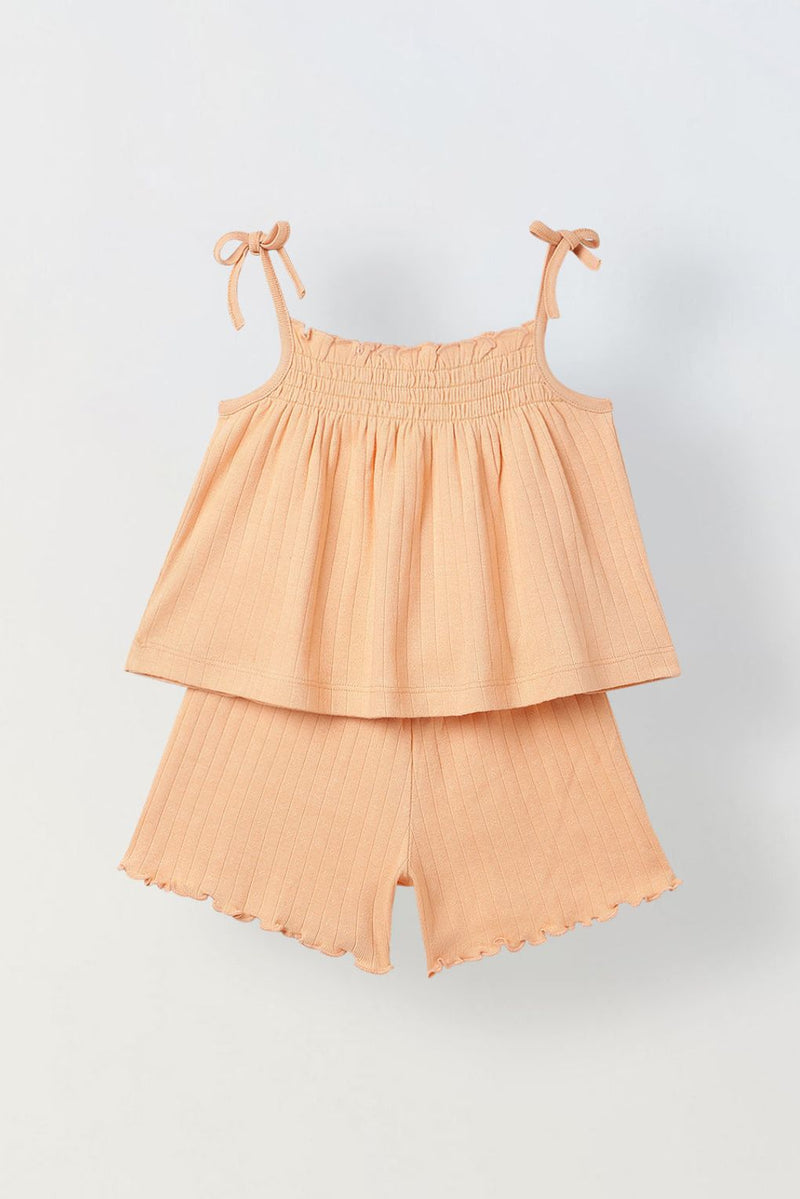 Spunkies Girls Peach Smocked Shoulder Straps Sleeveless Top and Shorts Set