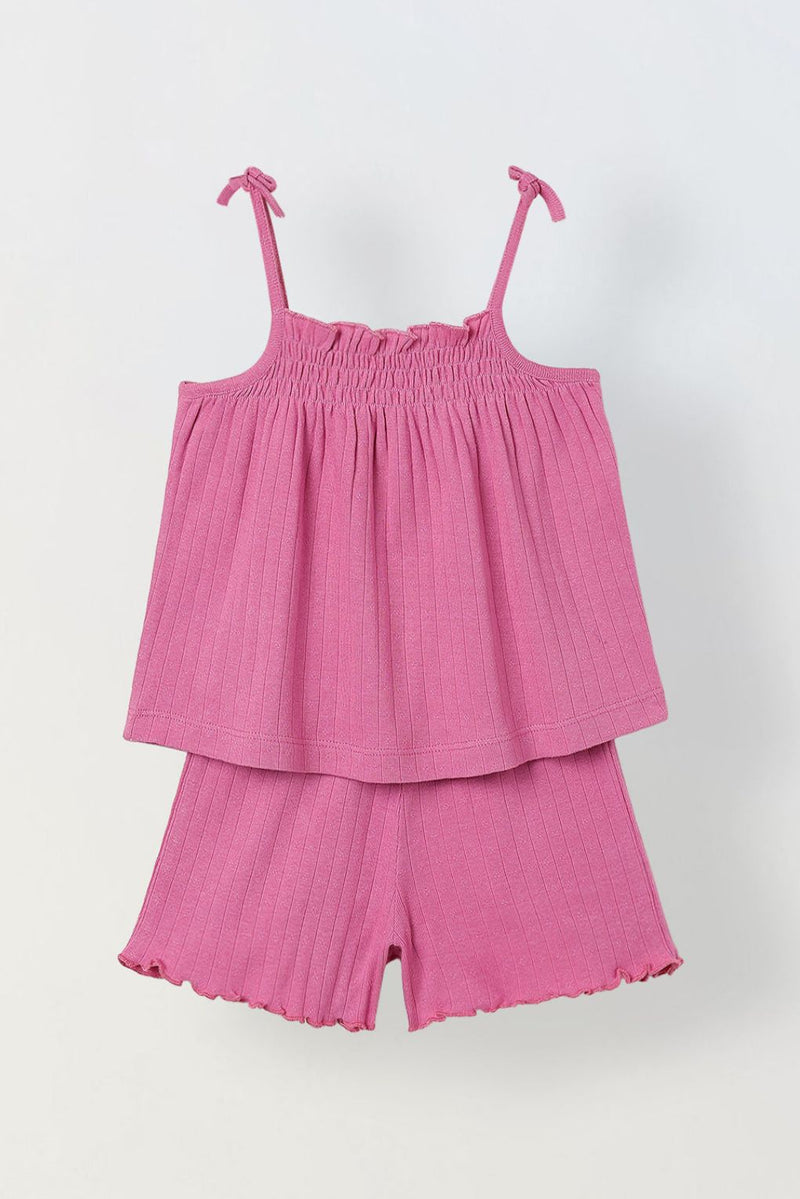 Spunkies Girls Pink Smocked Shoulder Straps Sleeveless Top and Shorts Set