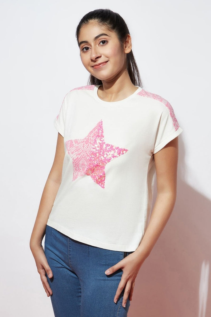 Pink Star Sequence Top For Girls