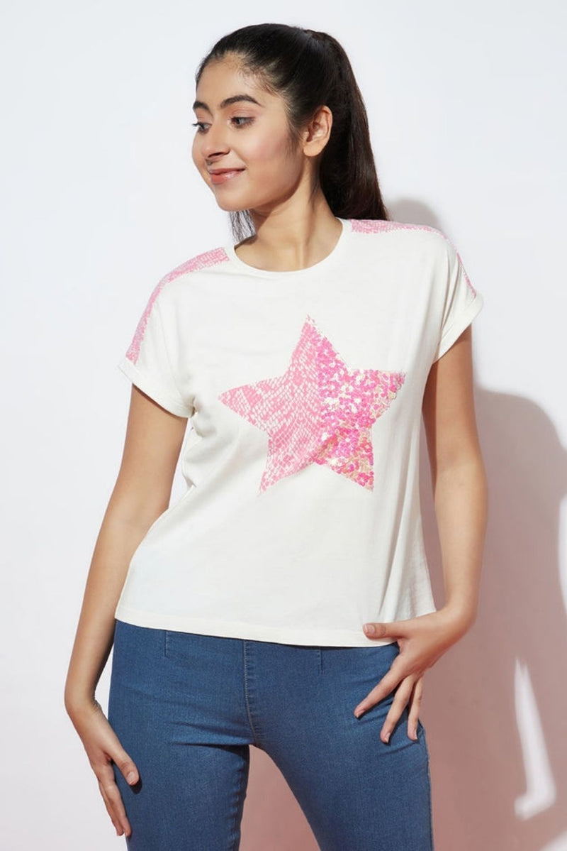 Pink Star Sequence Top For Girls