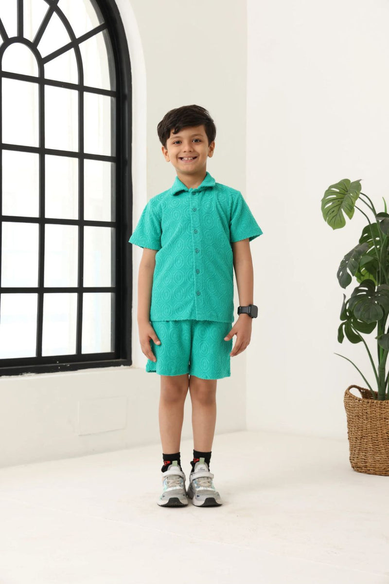 Spunkies Boys Green Cotton Jacquard Polo T-shirt and Shorts Set