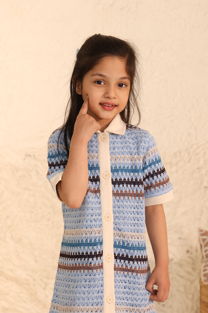 Spunkies Girls Blue Crochet Striped Spread Collar Short Sleeves Shirt Dress
