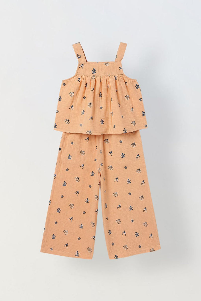 Spunkies Girls Peach Geometric Print Square Neck Sleeveless Top and Trousers Set