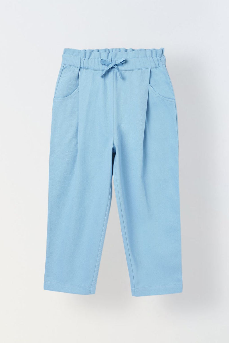 Spunkies Girls Blue Solid Elasticated Waist Single Pleated Trousers