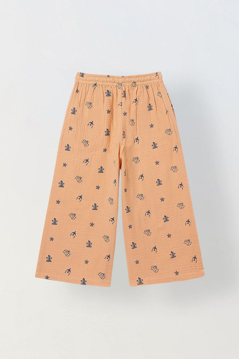 Spunkies Girls Peach Geometric Print Square Neck Sleeveless Top and Trousers Set