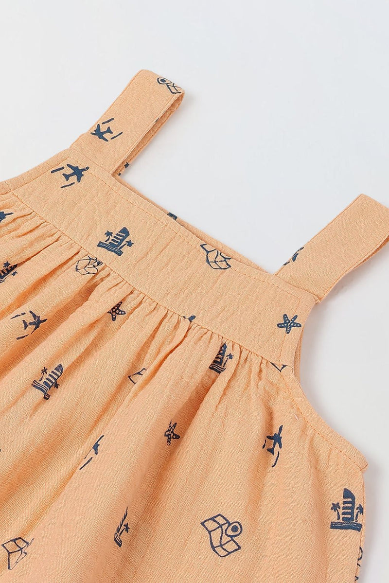 Spunkies Girls Peach Geometric Print Square Neck Sleeveless Top and Trousers Set