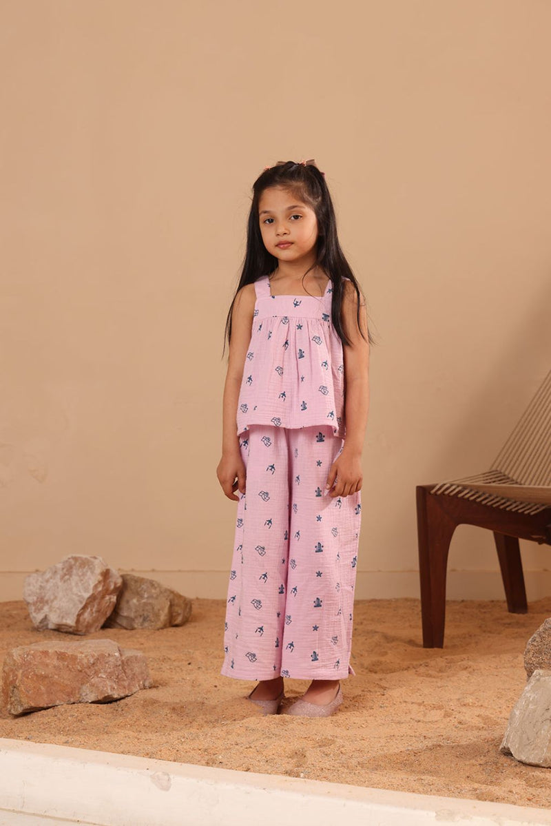 Spunkies Girls Purple Geometric Print Square Neck Sleeveless Top and Trousers Set