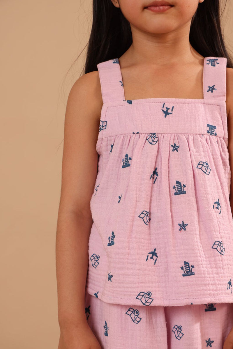 Spunkies Girls Purple Geometric Print Square Neck Sleeveless Top and Trousers Set