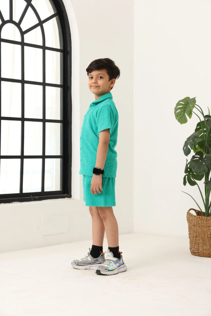 Spunkies Boys Green Cotton Jacquard Polo T-shirt and Shorts Set