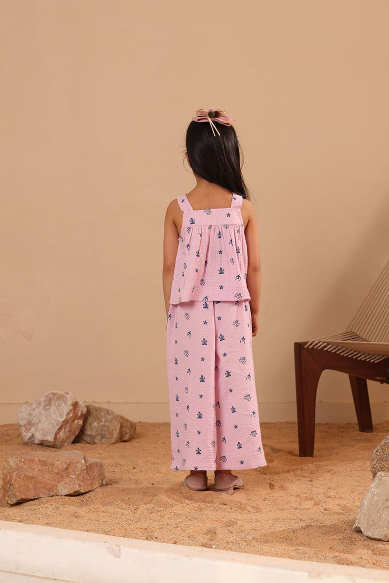 Spunkies Girls Purple Geometric Print Square Neck Sleeveless Top and Trousers Set
