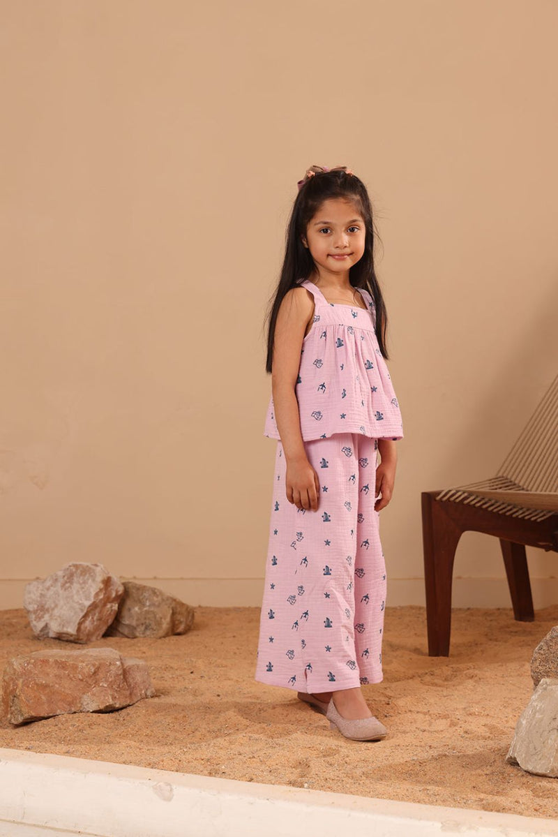 Spunkies Girls Purple Geometric Print Square Neck Sleeveless Top and Trousers Set