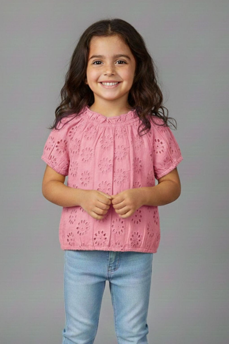 Spunkies Girls Pink Round Neck Schiffli Top