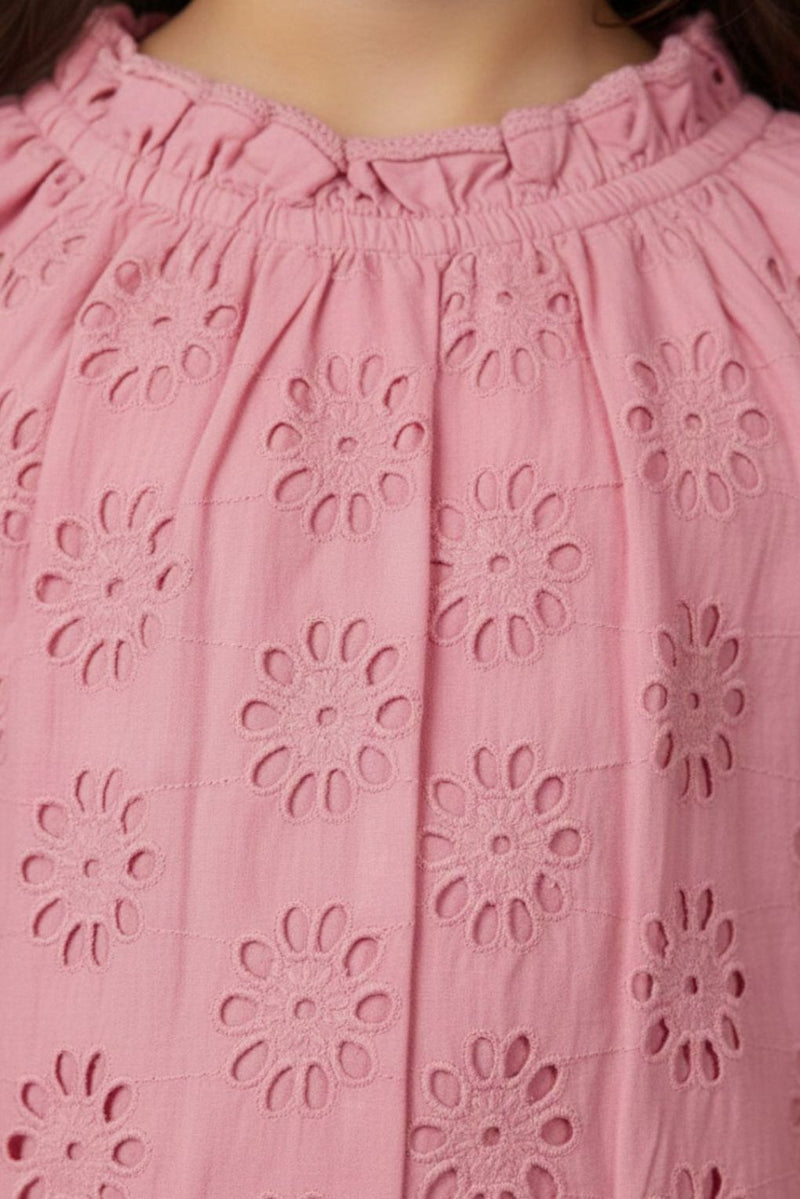 Spunkies Girls Pink Round Neck Schiffli Top