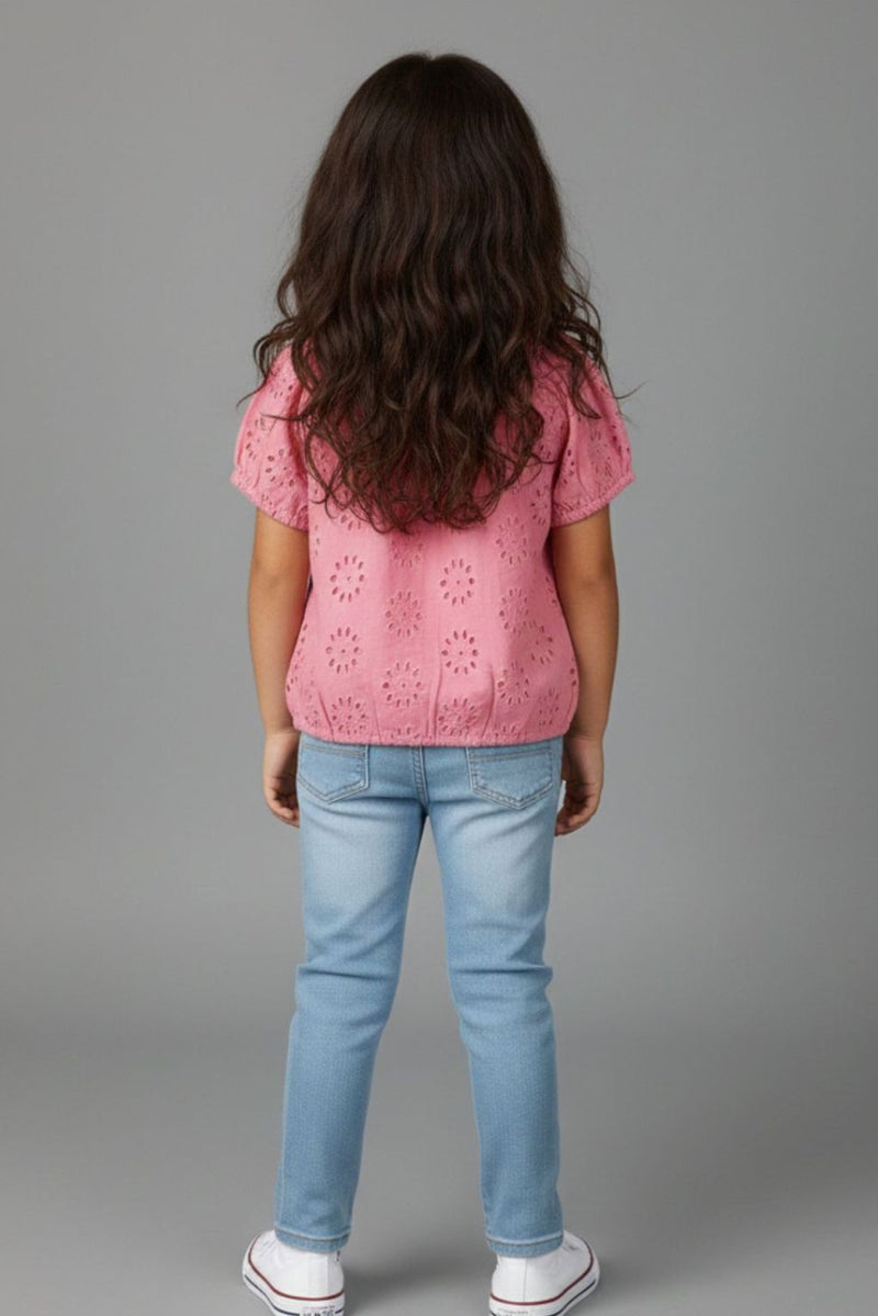 Spunkies Girls Pink Round Neck Schiffli Top
