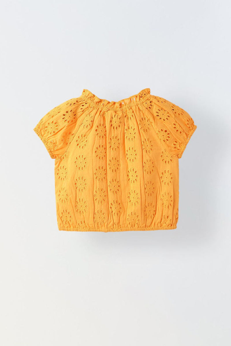 Spunkies Girls Orange Round Neck Schiffli Top