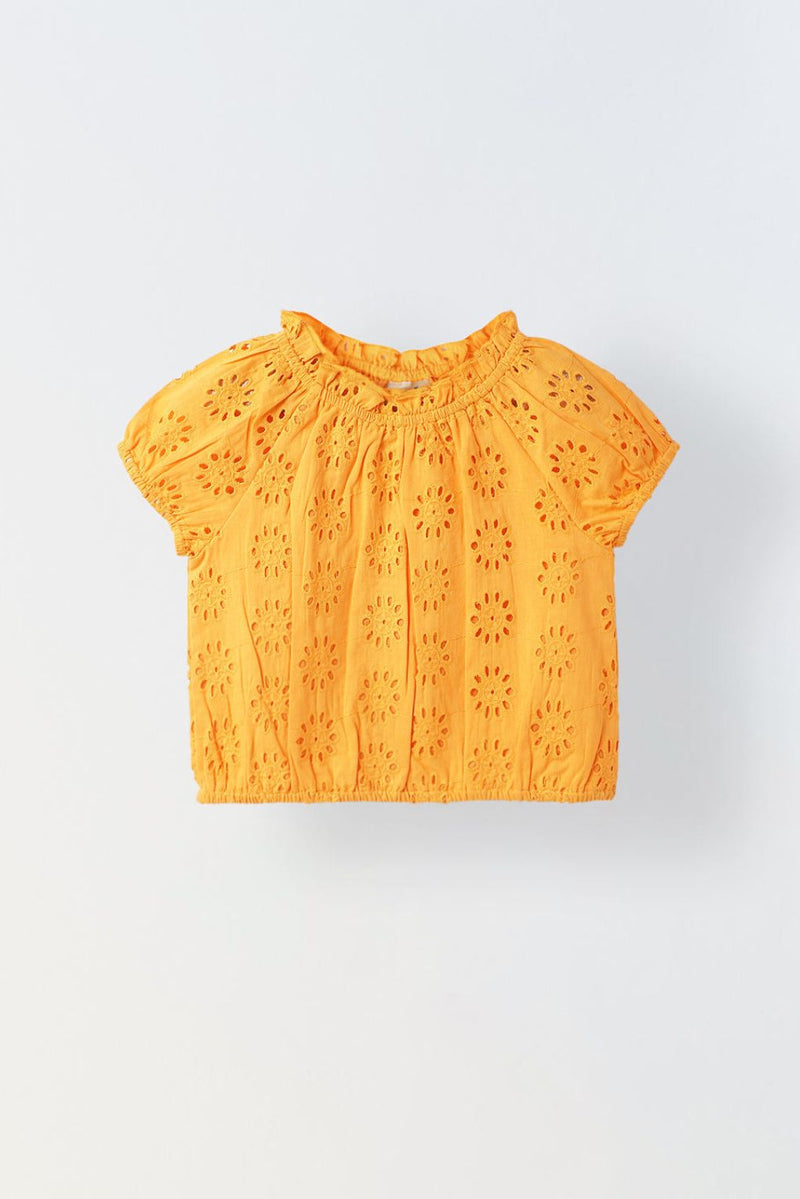 Spunkies Girls Orange Round Neck Schiffli Top