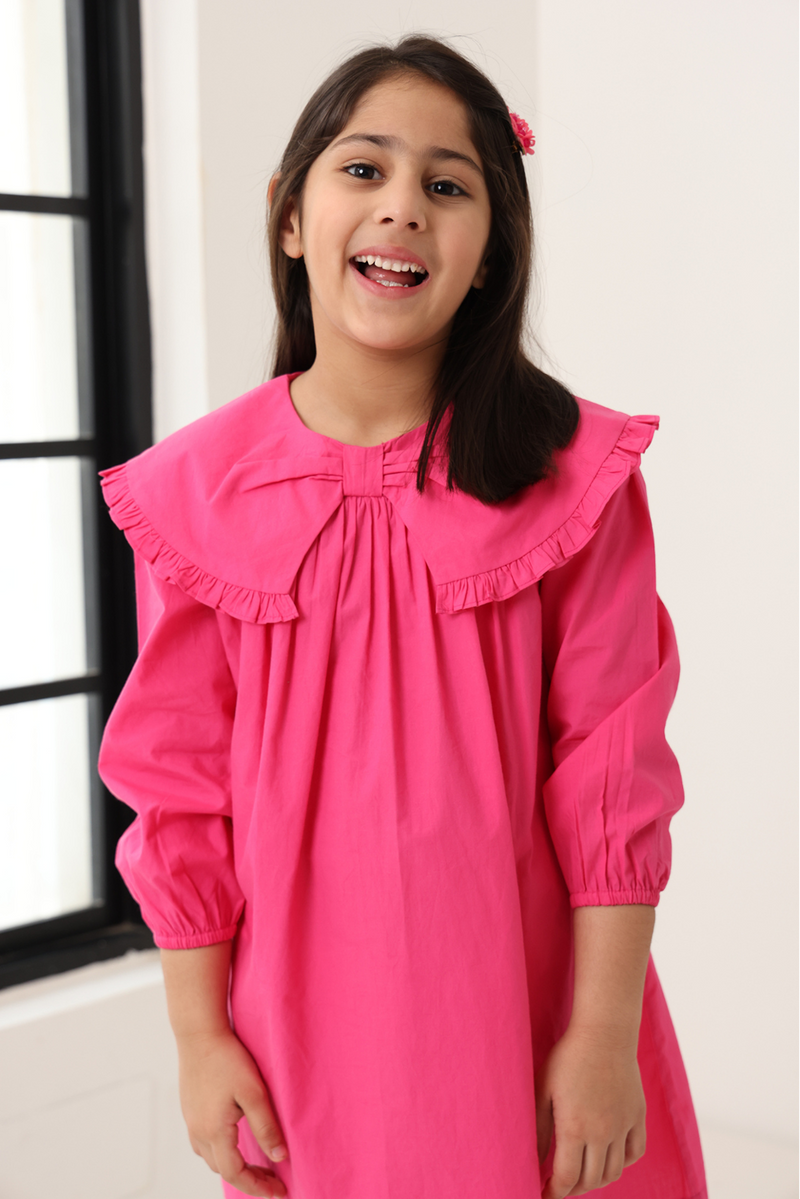 Spunkies Girls Pink Frill Collar A-Line Dress