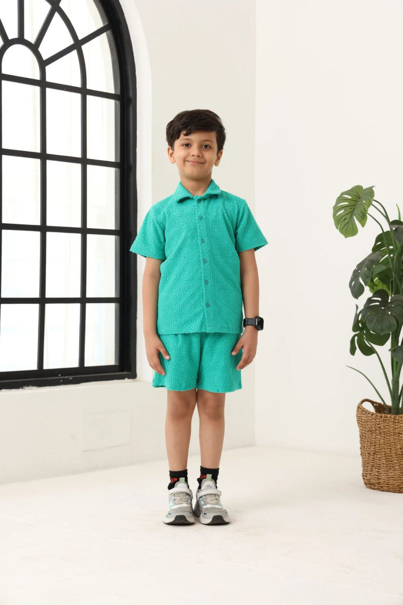Spunkies Boys Green Cotton Jacquard Polo T-shirt and Shorts Set