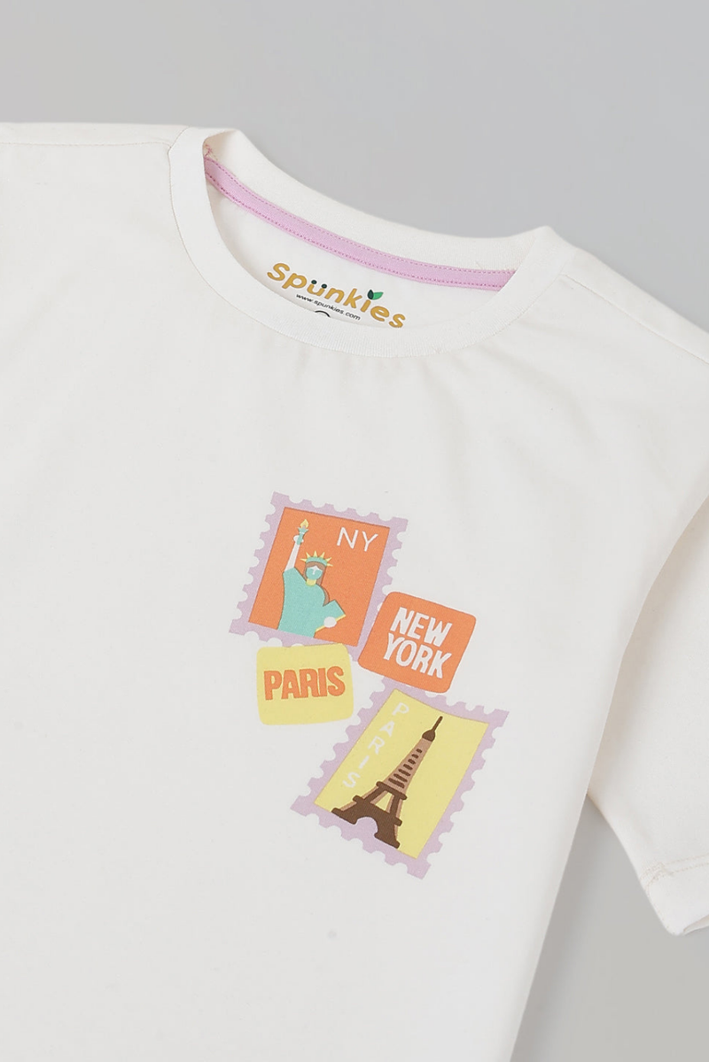 Spunkies White Girls Graphic Print Round Neck Short Sleeves Top