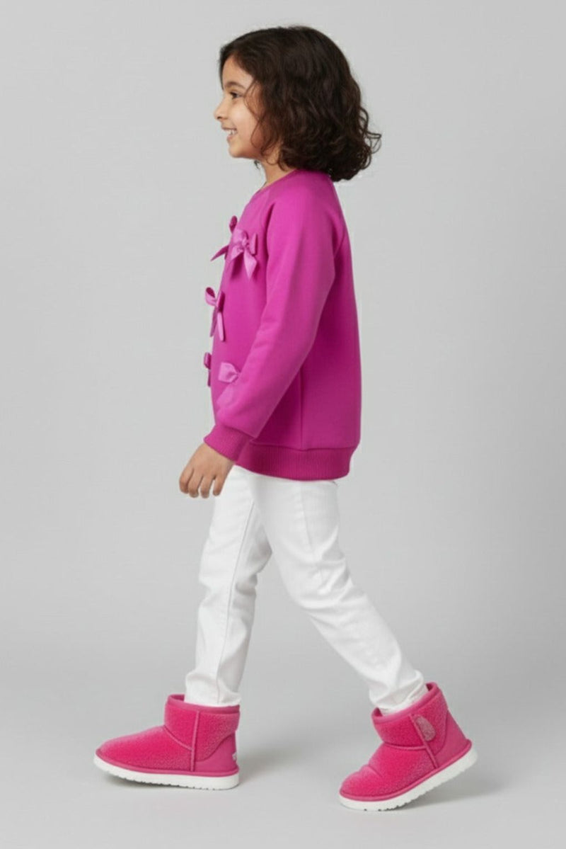 Girls Pink Full Sleeve Fleece Bow Sweatshirt