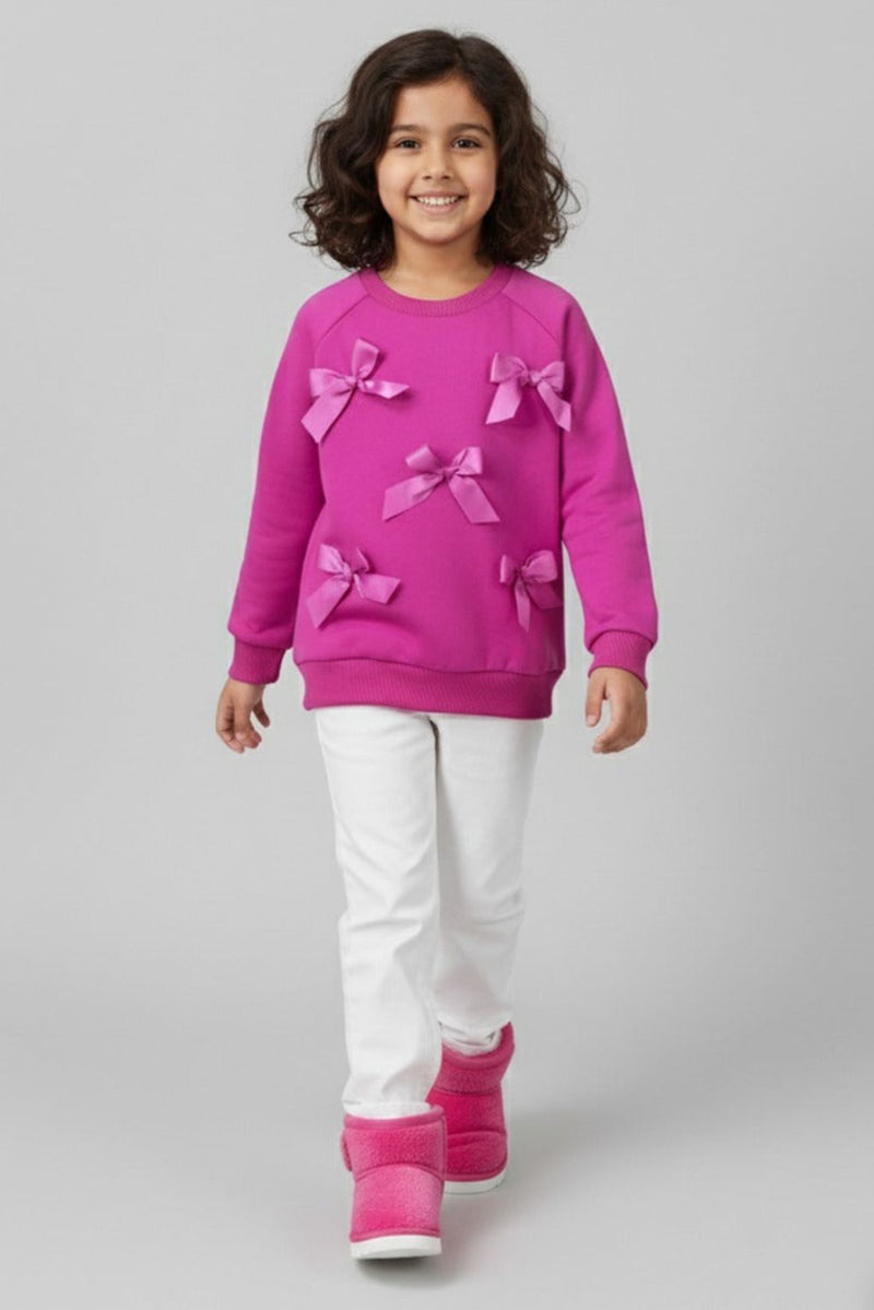 Girls Pink Full Sleeve Fleece Bow Sweatshirt