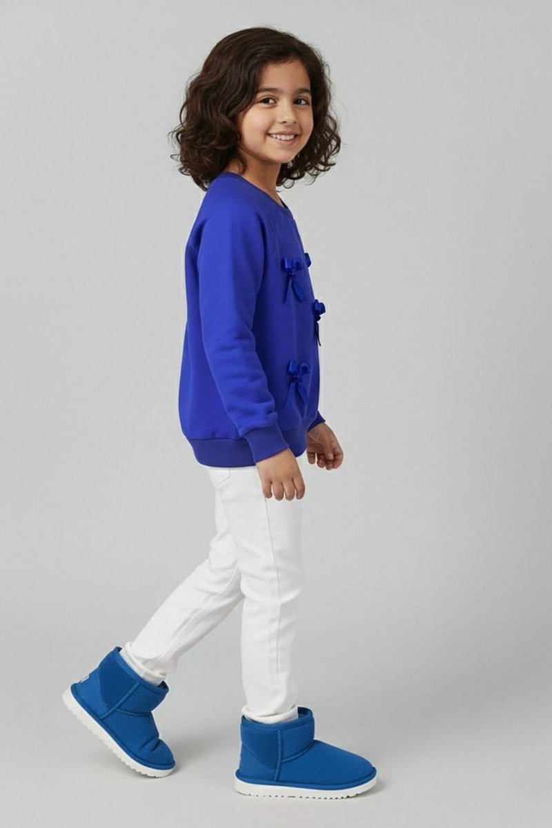 Spunkies Girls Blue Full Sleeve Fleece Bow Sweatshirt