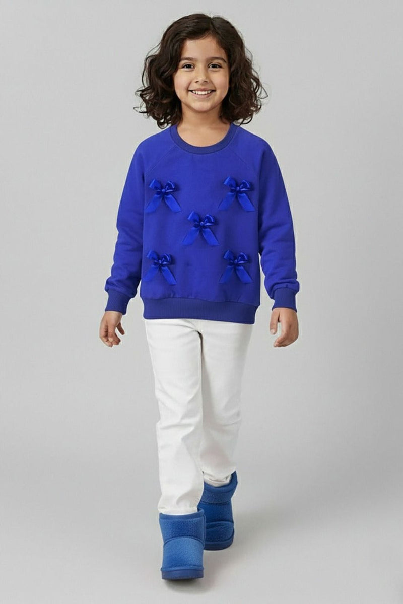 Spunkies Girls Blue Full Sleeve Fleece Bow Sweatshirt