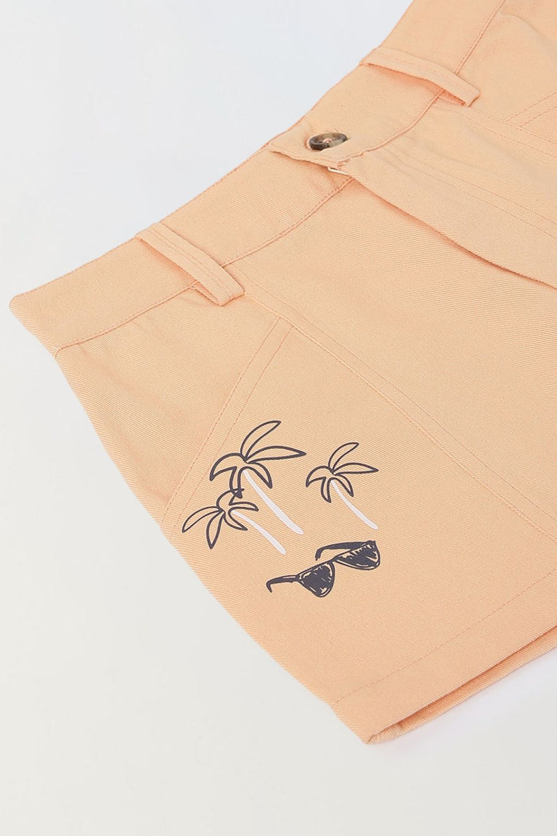 Spunkies Girls Peach Graphic Print Button and Zip Shorts