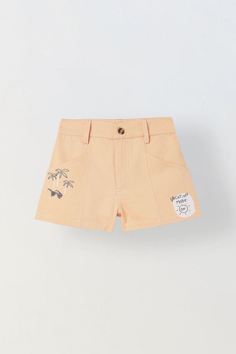 Spunkies Girls Peach Graphic Print Button and Zip Shorts