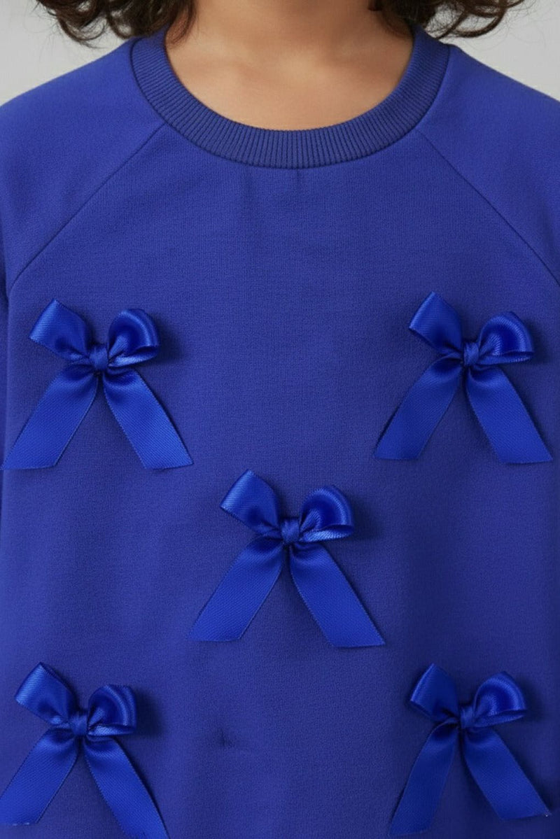 Spunkies Girls Blue Full Sleeve Fleece Bow Sweatshirt
