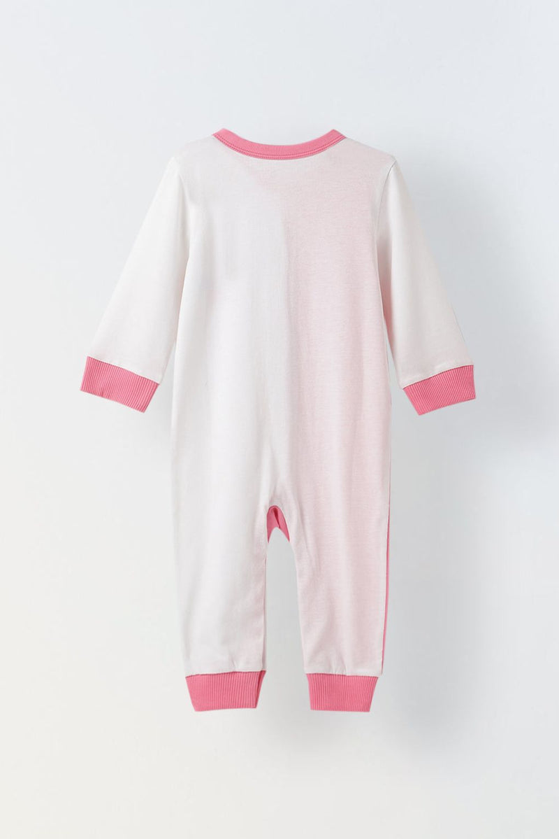 Spunkies Infant Cotton White and Pink Full Sleeve Printed Romper