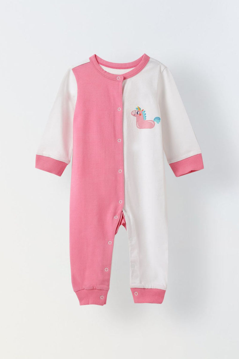 Spunkies Infant Cotton White and Pink Full Sleeve Printed Romper