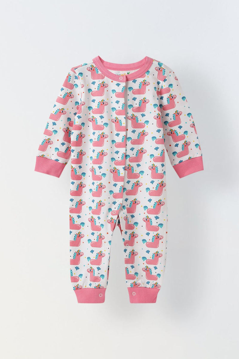 Spunkies Infant Cotton Pink Full Sleeve Printed Romper