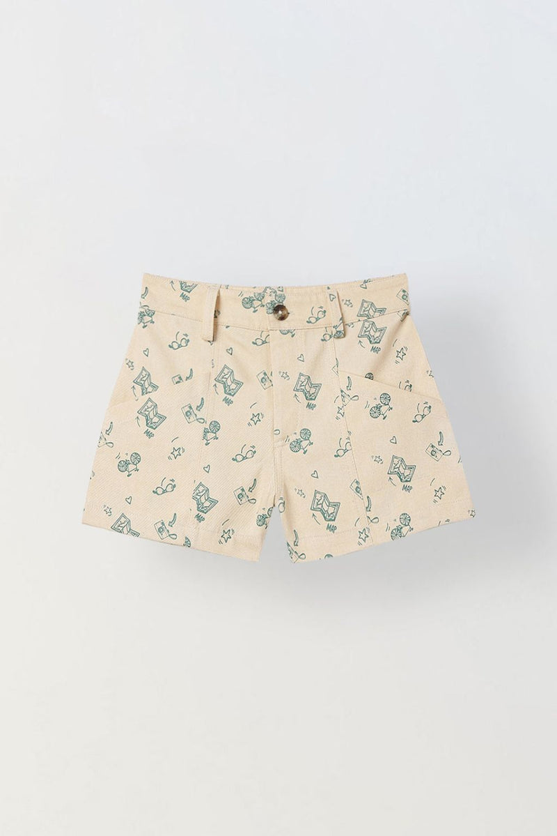 Spunkies Girls Beige Geometric Print Button and Zip Shorts