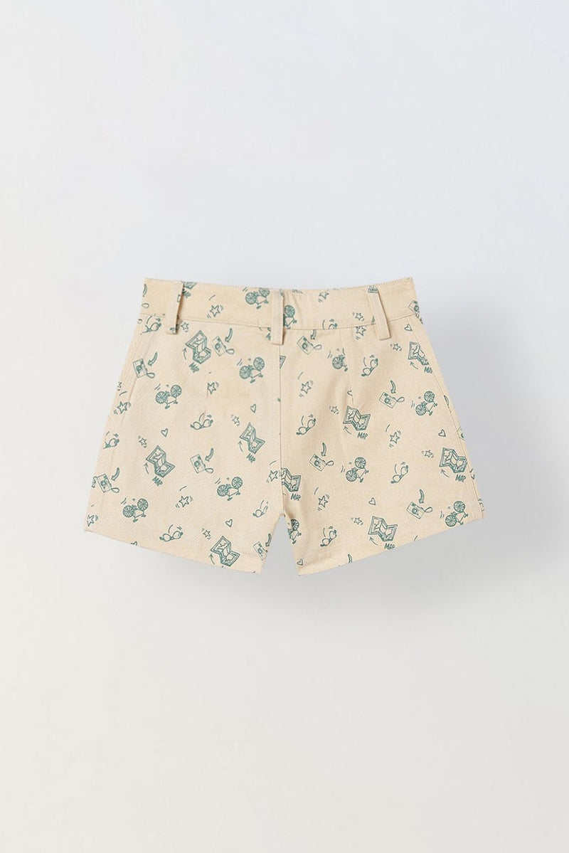 Spunkies Girls Beige Geometric Print Button and Zip Shorts