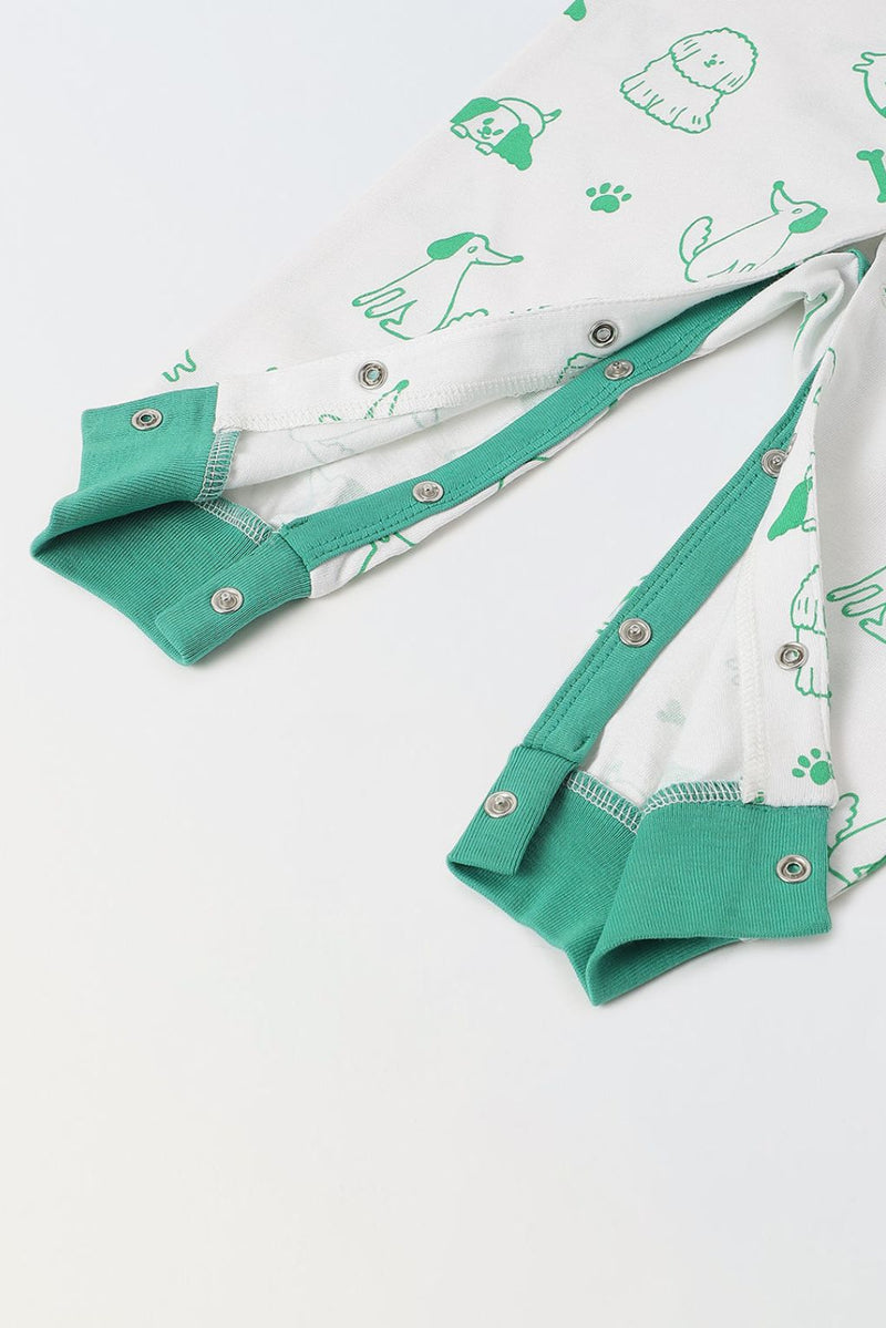 Spunkies White & Green Cotton Jersey Romper with Dog's Print for Infants