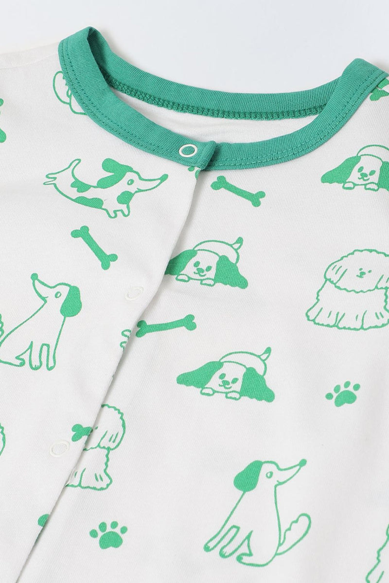 Spunkies White & Green Cotton Jersey Romper with Dog's Print for Infants