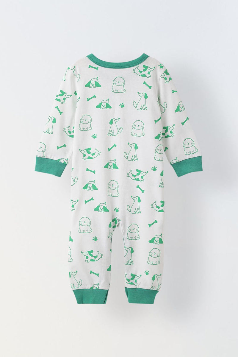 Spunkies White & Green Cotton Jersey Romper with Dog's Print for Infants