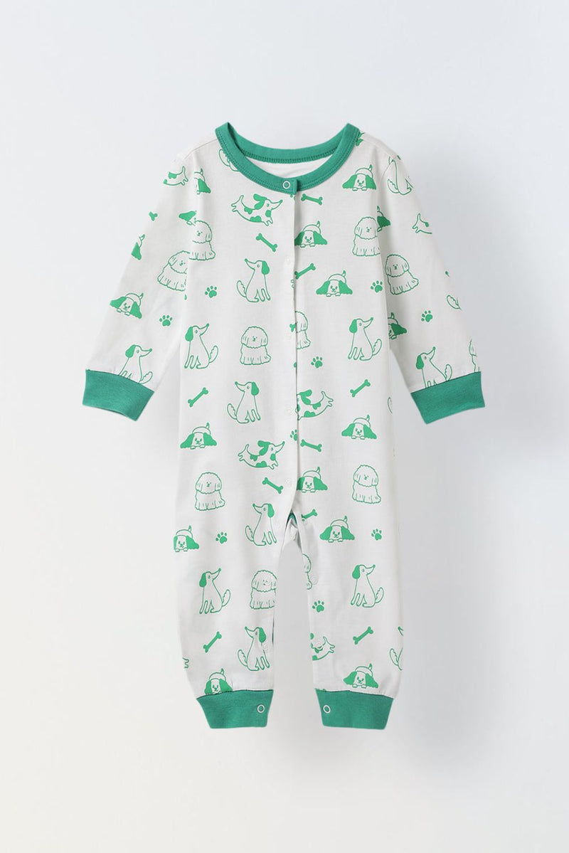 Spunkies White & Green Cotton Jersey Romper with Dog's Print for Infants