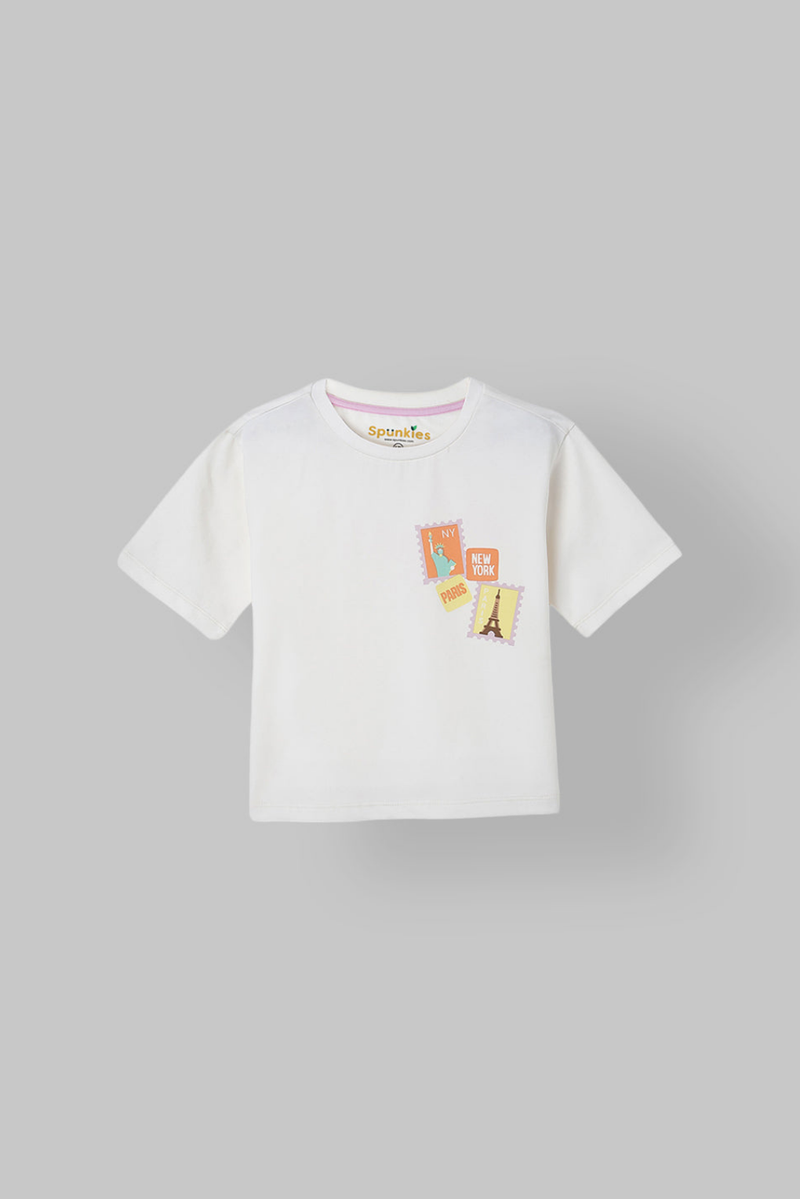 Spunkies White Girls Graphic Print Round Neck Short Sleeves Top