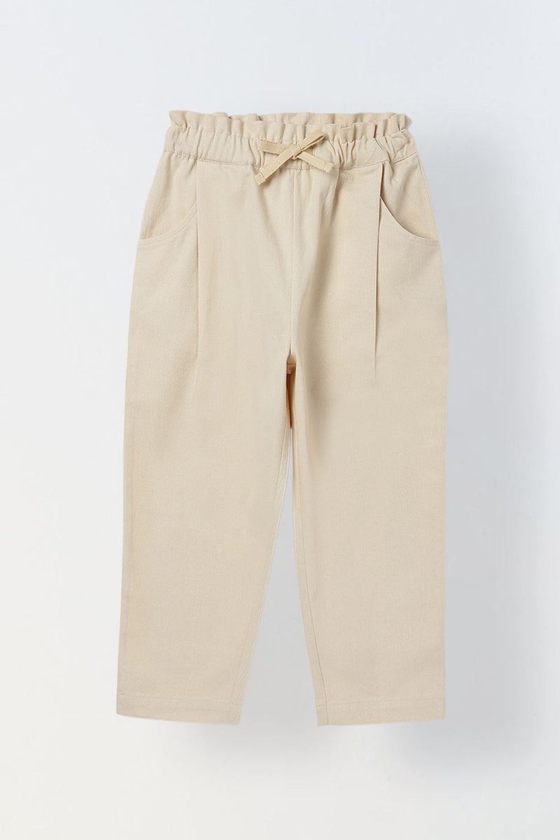 Spunkies Girls Beige Solid Elasticated Waist Single Pleated Trousers