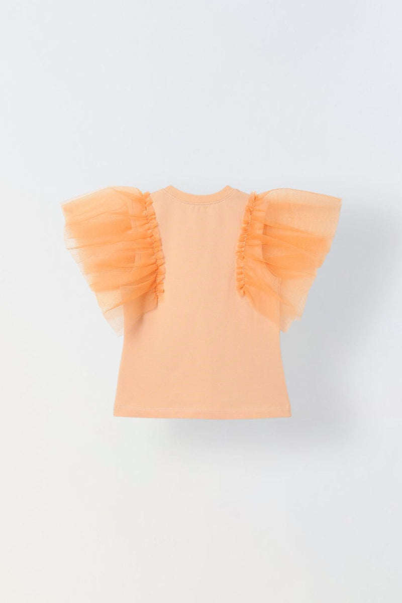 Spunkies Orange Girls Solid Round Neck Flutter Sleeves Top