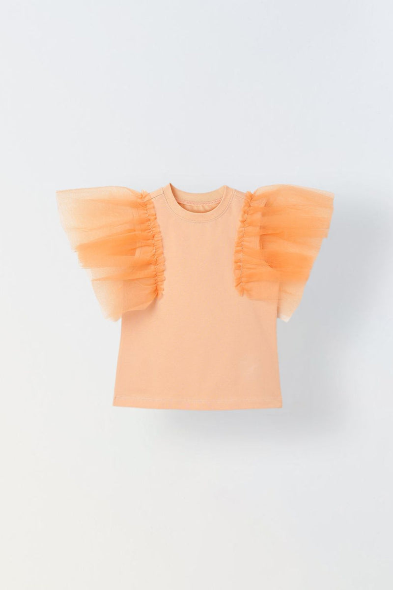 Spunkies Orange Girls Solid Round Neck Flutter Sleeves Top
