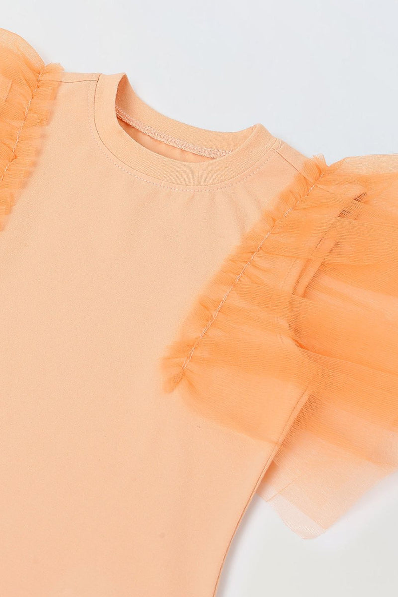 Spunkies Orange Girls Solid Round Neck Flutter Sleeves Top