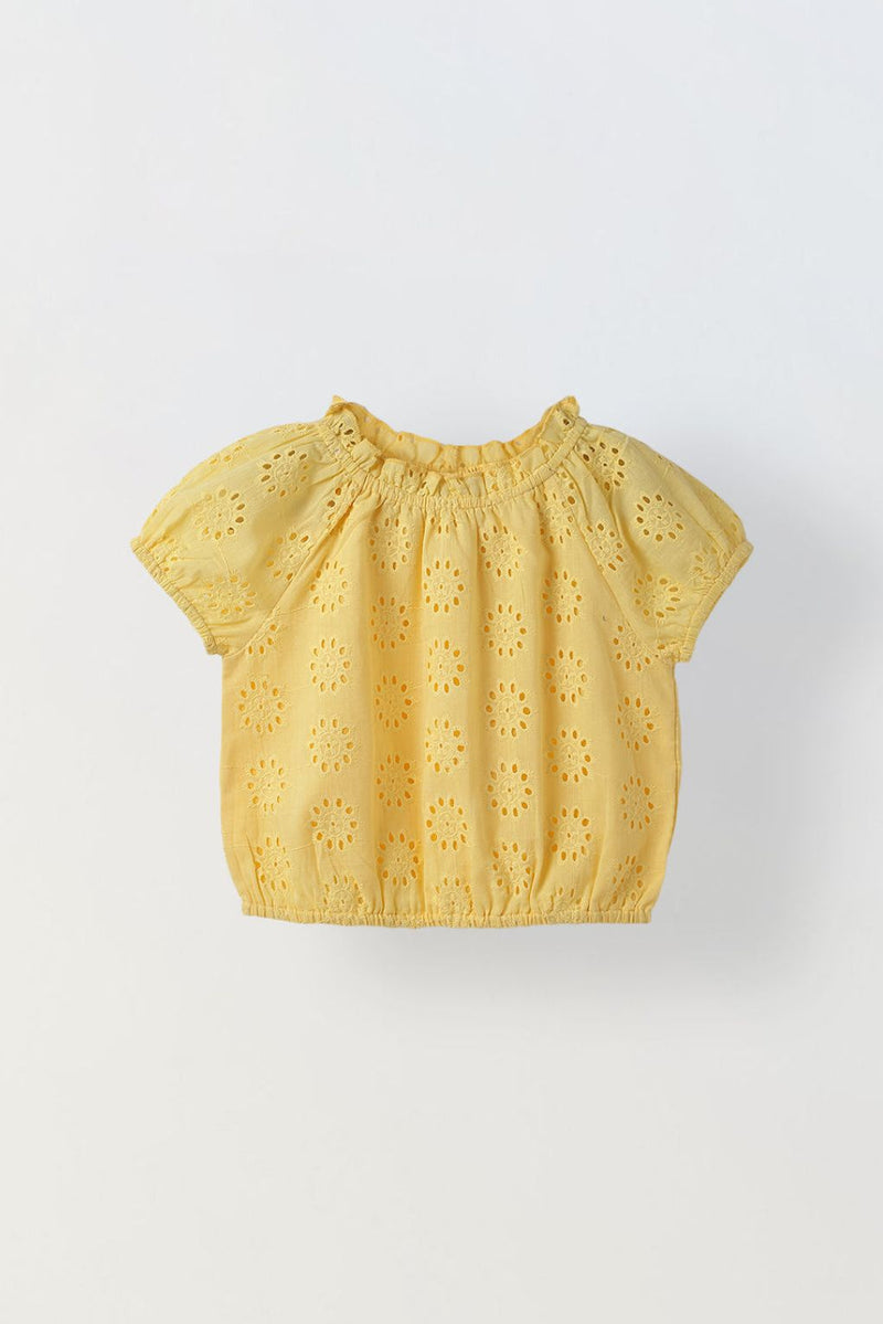 Spunkies Yellow Round Neck Schiffli Top For Girls