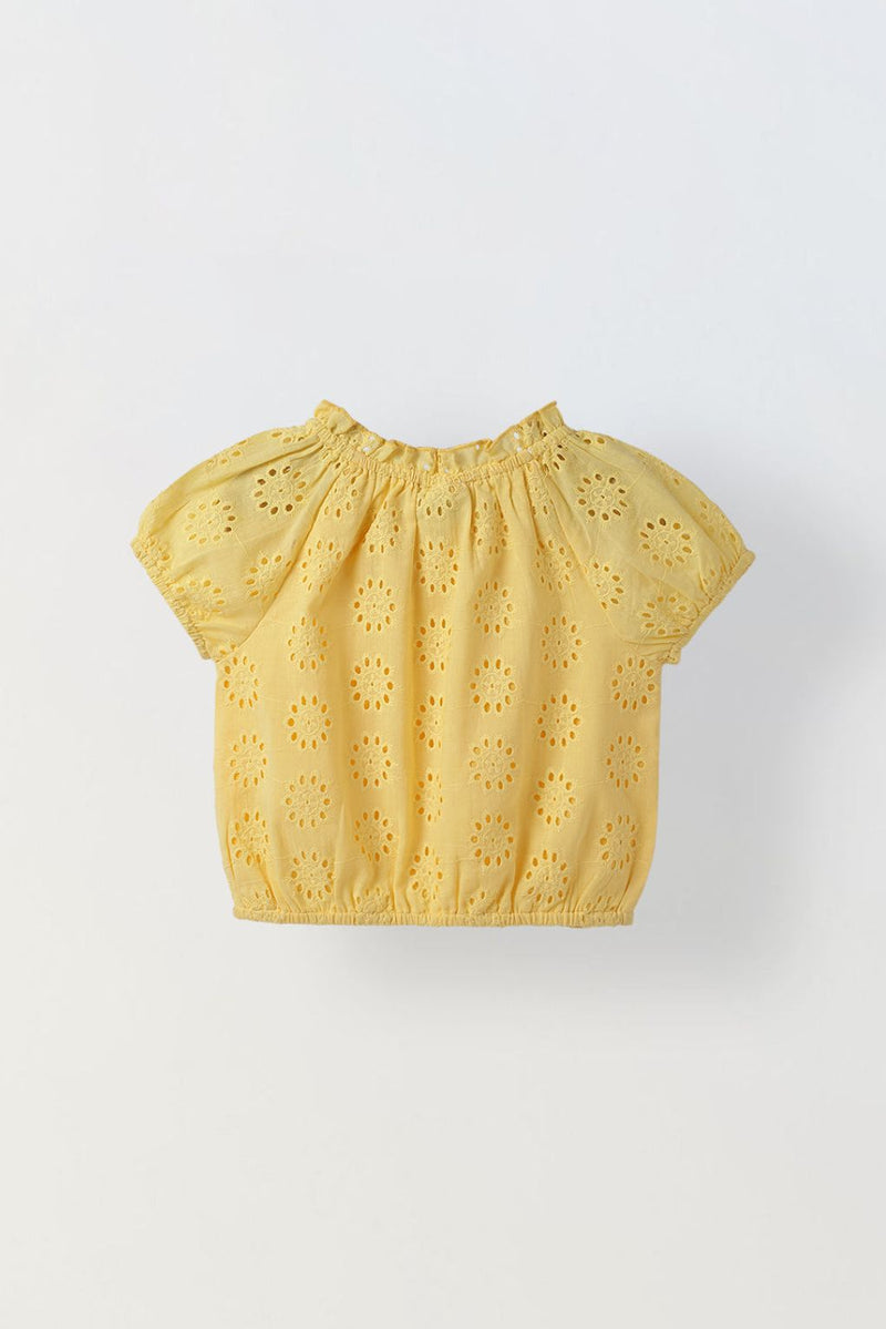 Spunkies Yellow Round Neck Schiffli Top For Girls