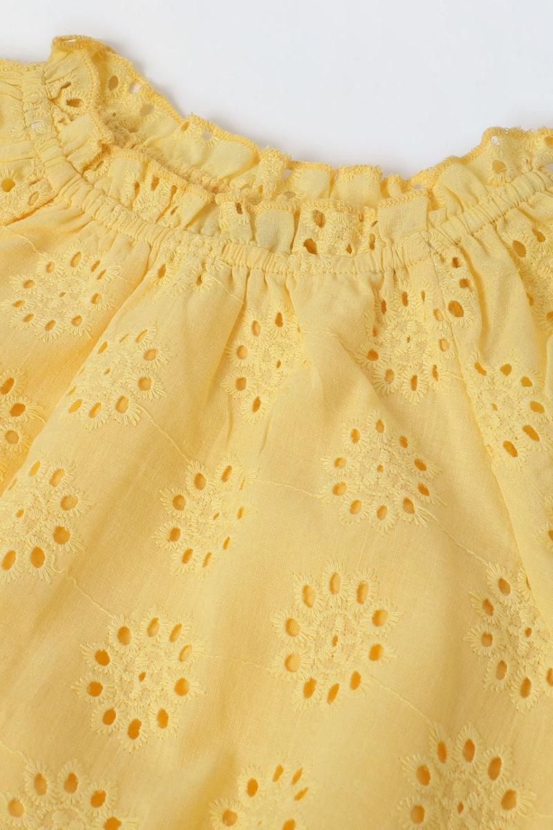 Spunkies Yellow Round Neck Schiffli Top For Girls
