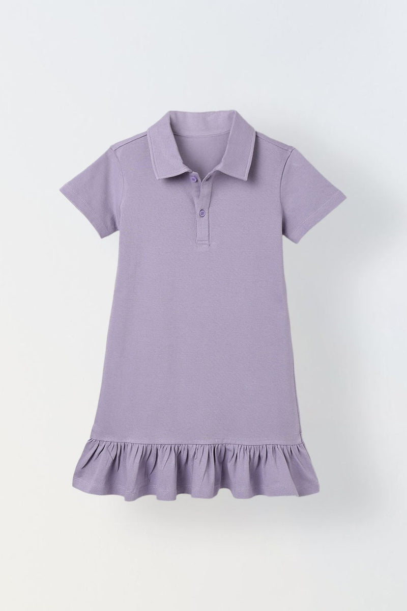 Spunkies Purple Girls Solid Collared Short Sleeves T-Shirt Dress